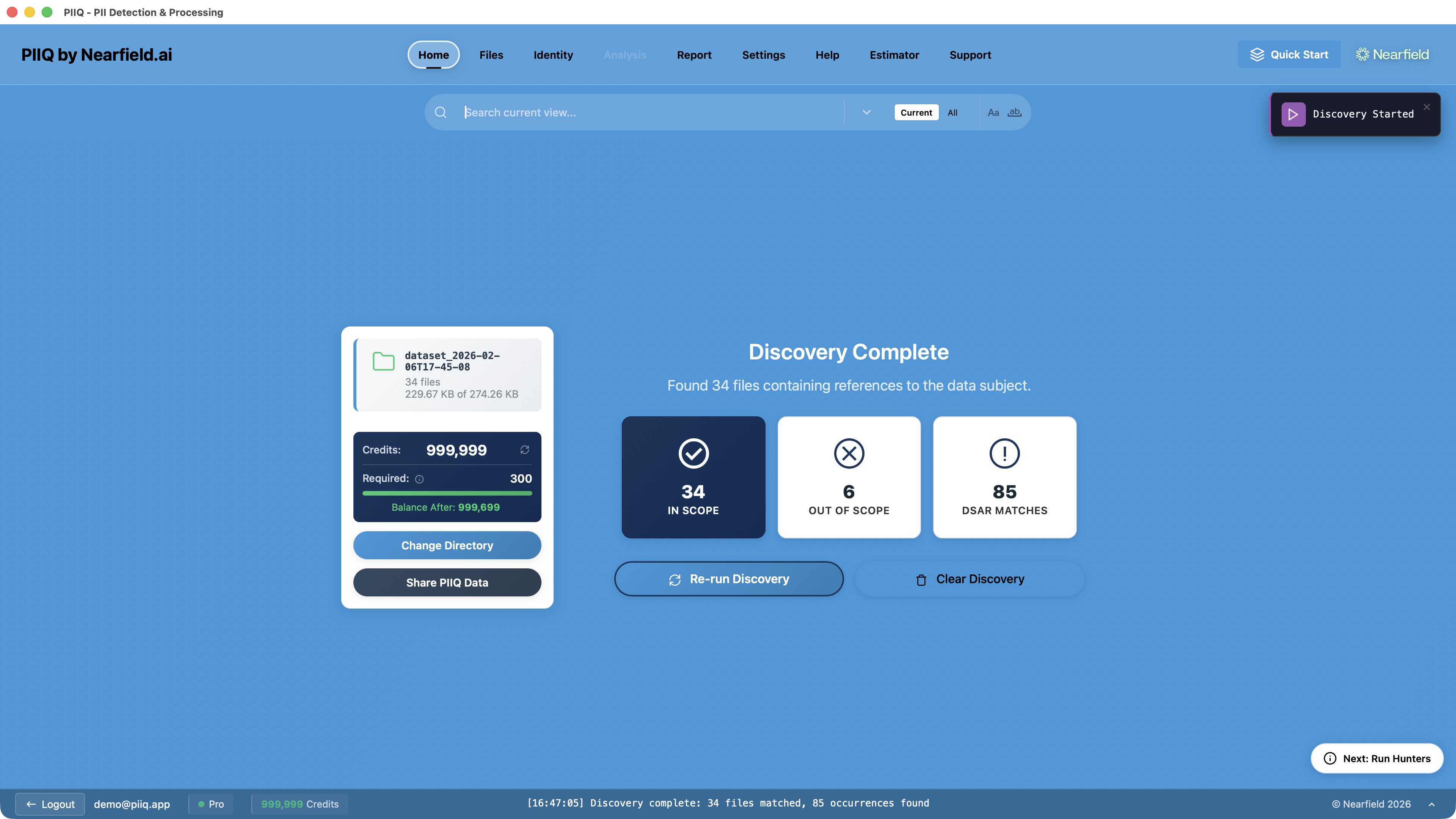 Screenshot: PIIQ Discovery complete showing in-scope files, out-of-scope files, and DSAR matches