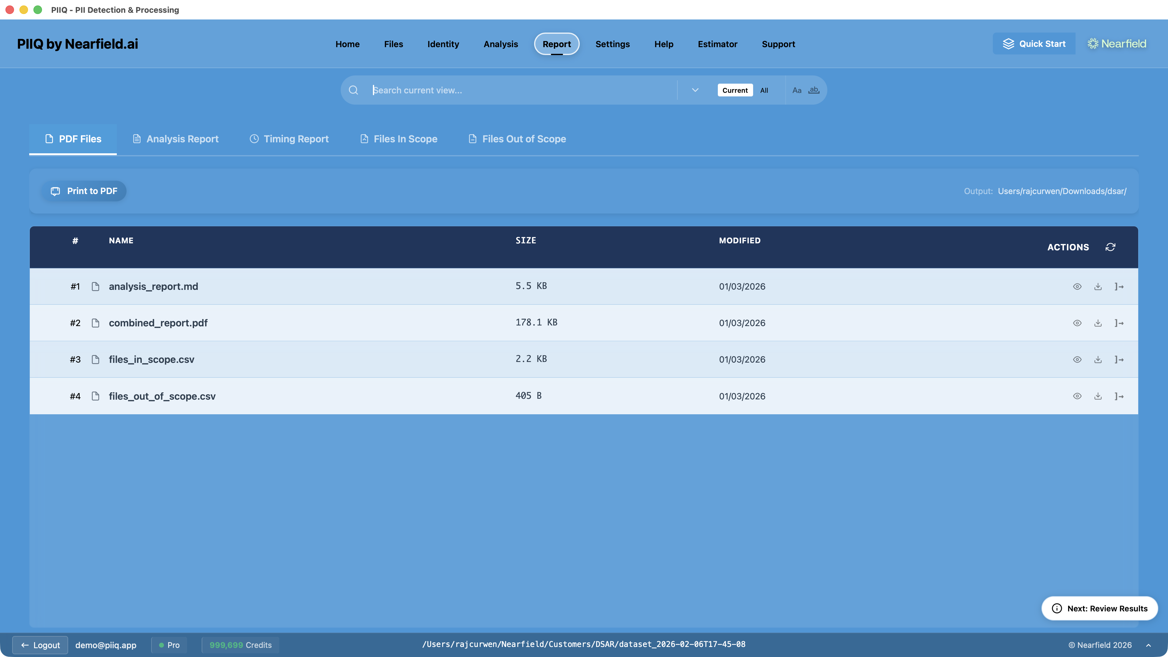 Screenshot: PIIQ Report tab showing the PDF files list with analysis report, combined PDF, and file scope CSVs